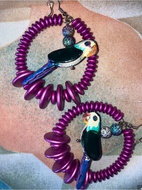 Handmade Hand Painted Big Colorful Parrot Beaded Hoop Earrings Bright Purple